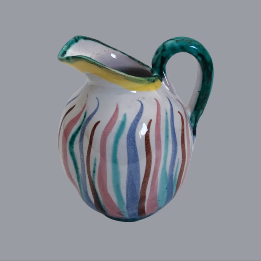 Vtg Italy pottery creamer midcentury green handle colorful tendrils